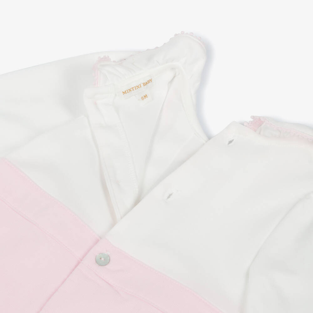 Mintini Baby-Baby Girls White & Pink Cotton Romper | Childrensalon Outlet