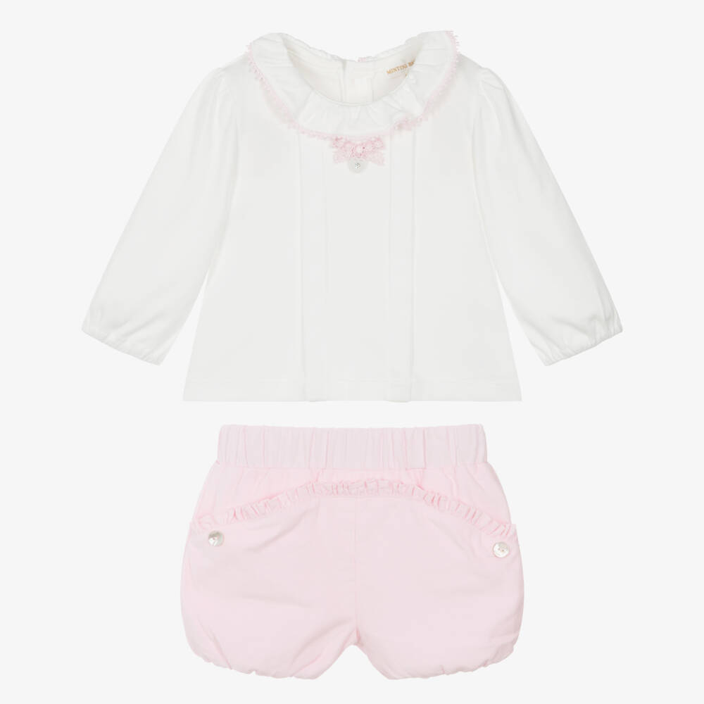 Mintini Baby-Baby Girls White & Pink Needlecord Shorts Set | Childrensalon Outlet