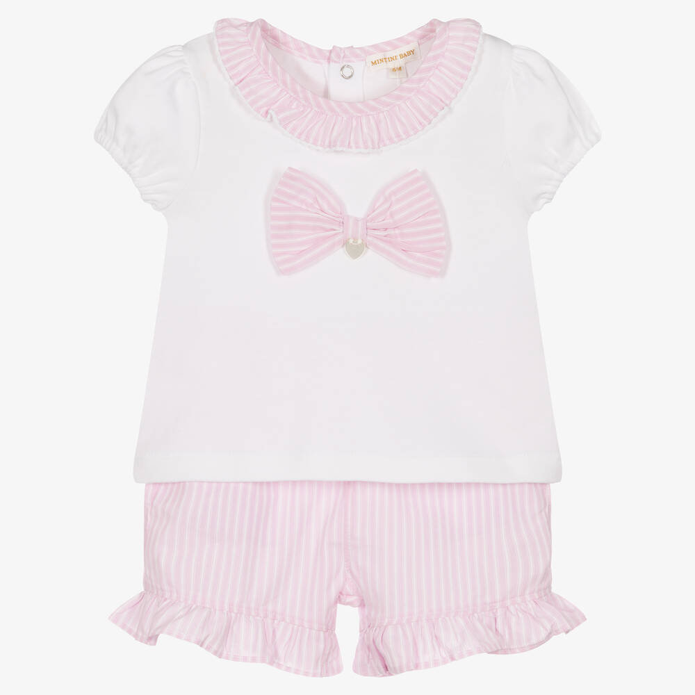 Mintini Baby - Baby Girls White & Pink Shorts Set | Childrensalon