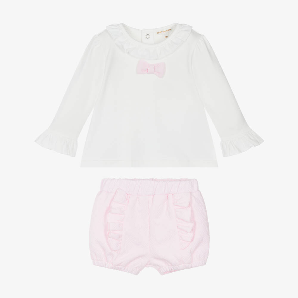 Mintini Baby-Baby Girls White Top & Pink Jersey Shorts Set | Childrensalon Outlet
