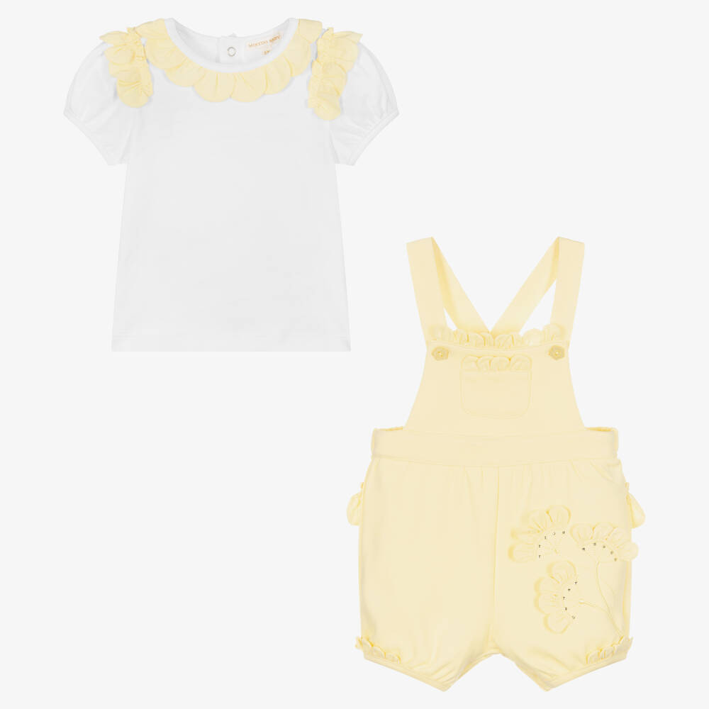 Mintini Baby-Baby Girls Yellow Cotton Dungaree Set | Childrensalon Outlet