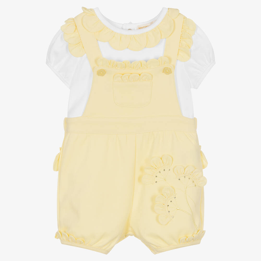Mintini Baby - Baby Girls Yellow Cotton Dungaree Set | Childrensalon