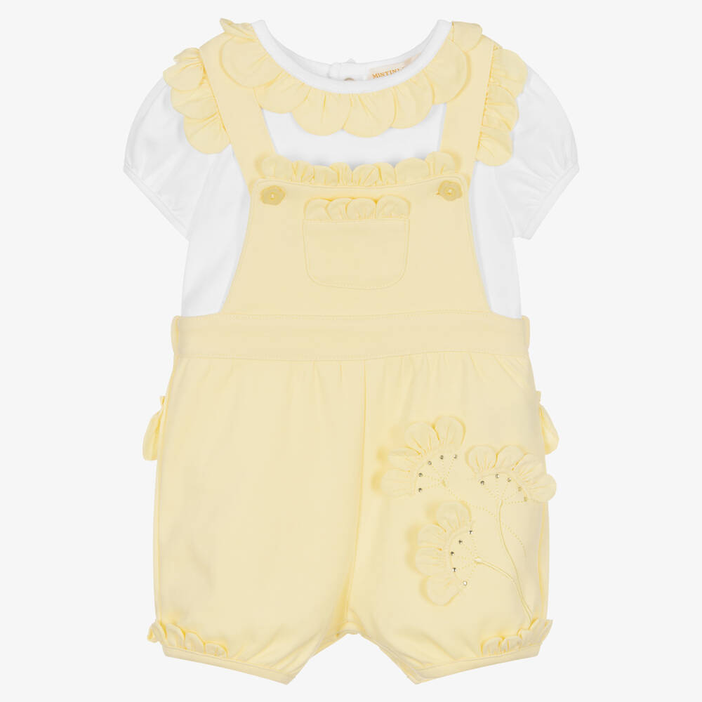 Mintini Baby - Baby Girls Yellow Cotton Dungaree Set | Childrensalon