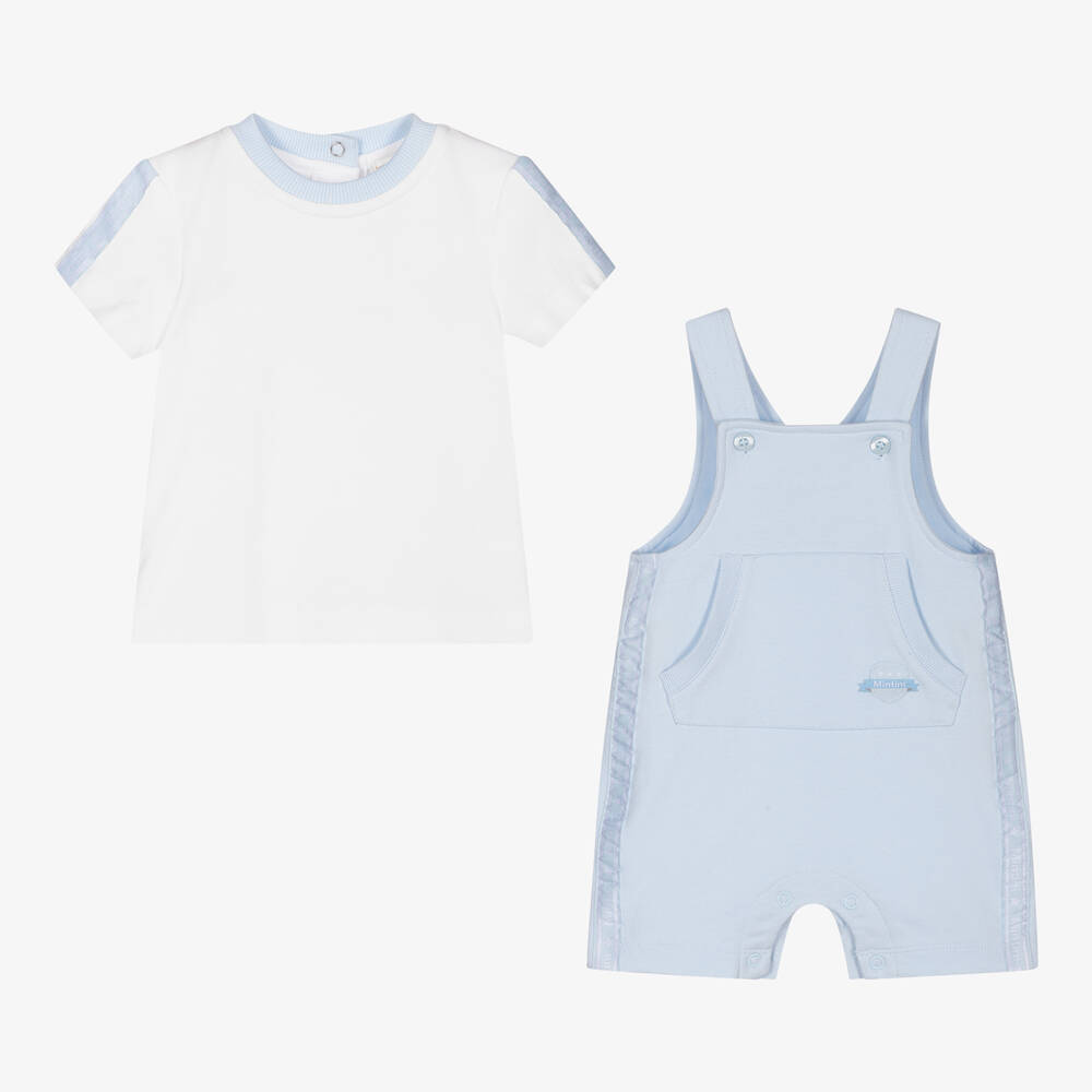 Mintini Baby-Blue Dungaree Shorts Set | Childrensalon Outlet