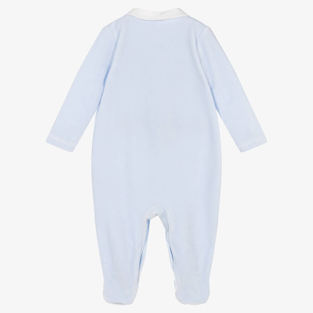 Mintini Baby-Blue Smocked Velour Babygrow | Childrensalon Outlet
