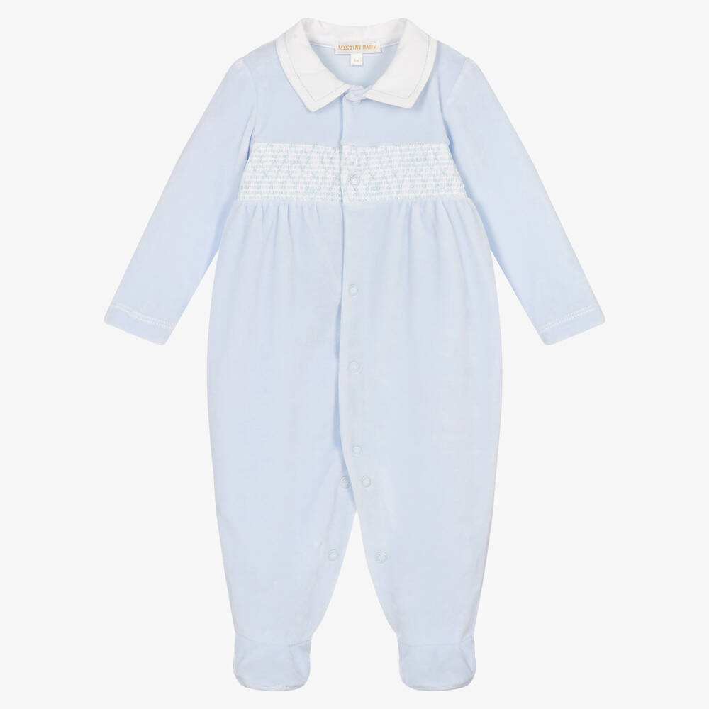 Mintini Baby - Blue Smocked Velour Babygrow | Childrensalon