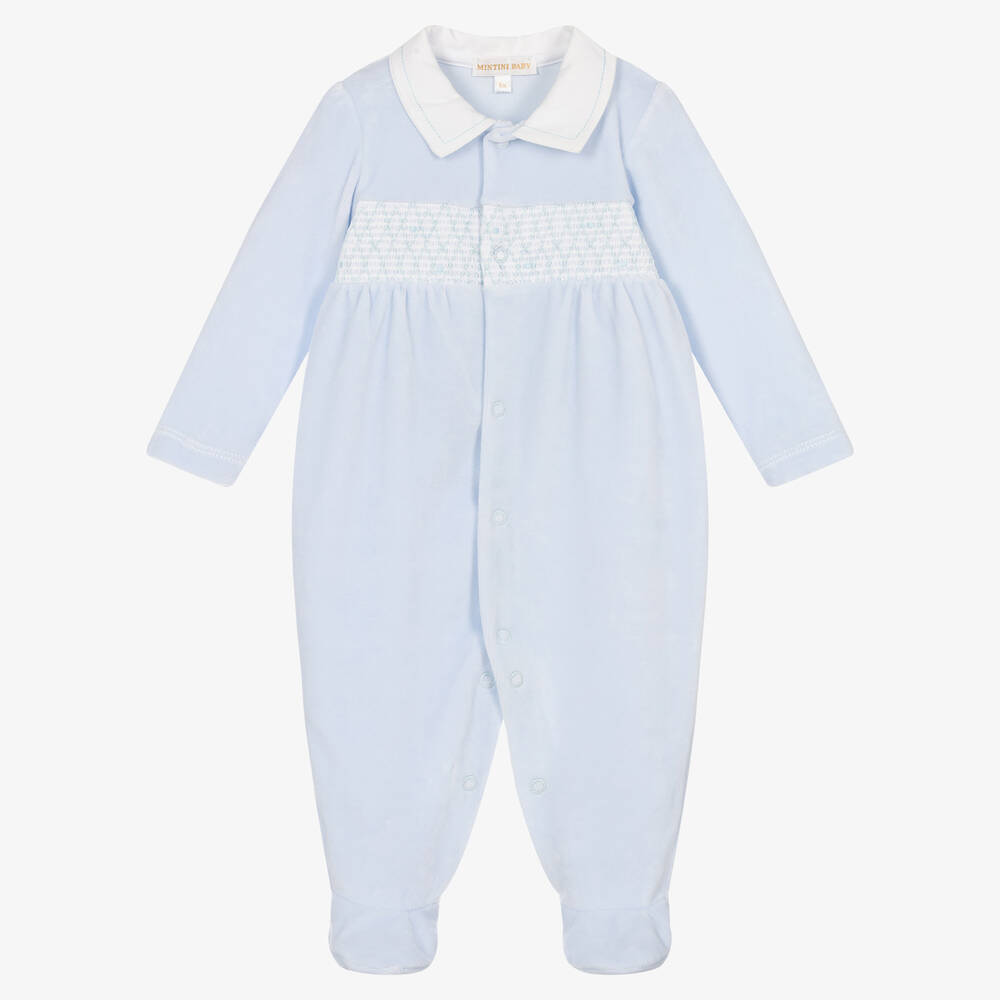 Mintini Baby-Blue Smocked Velour Babygrow | Childrensalon Outlet