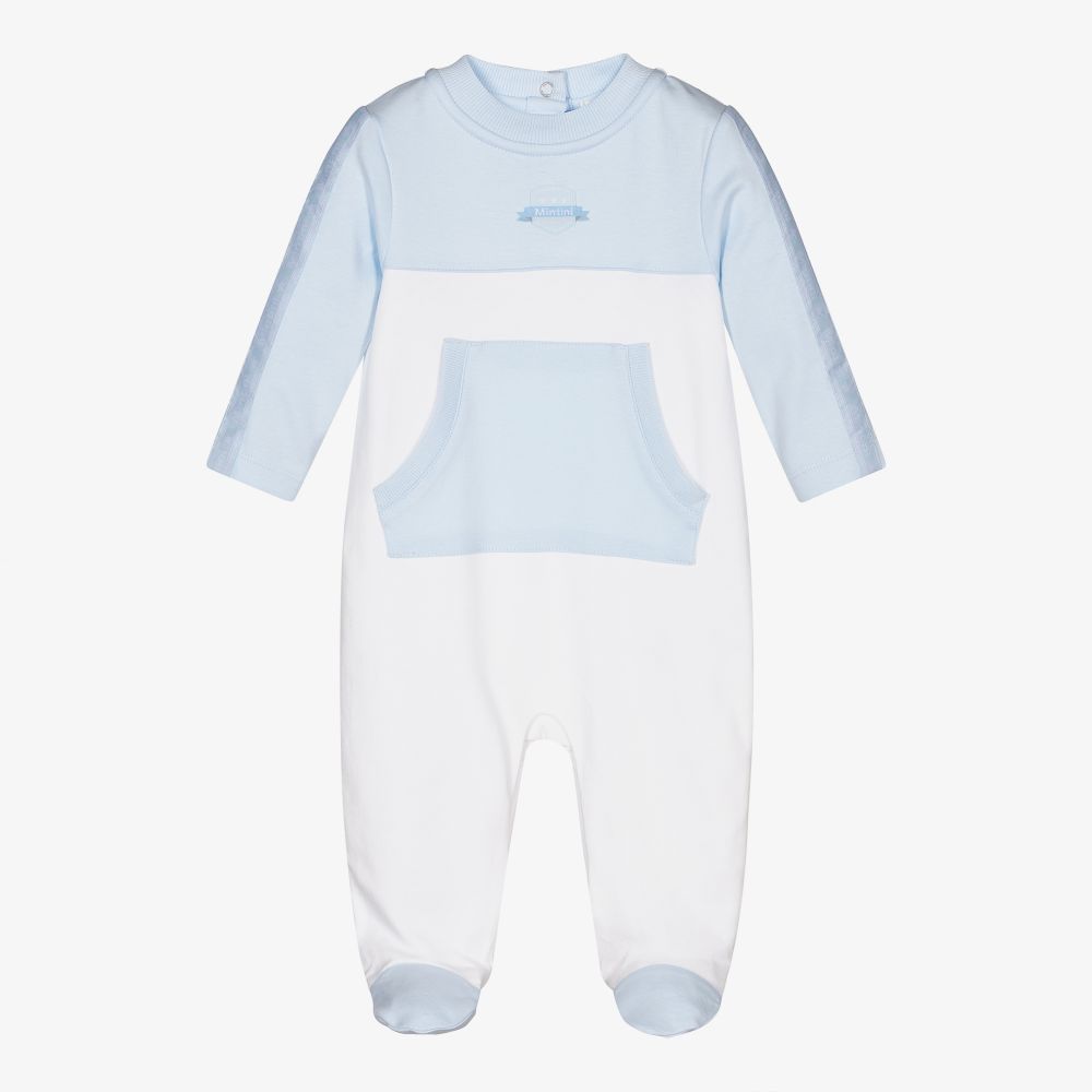 Mintini Baby - Blue & White Cotton Babygrow | Childrensalon