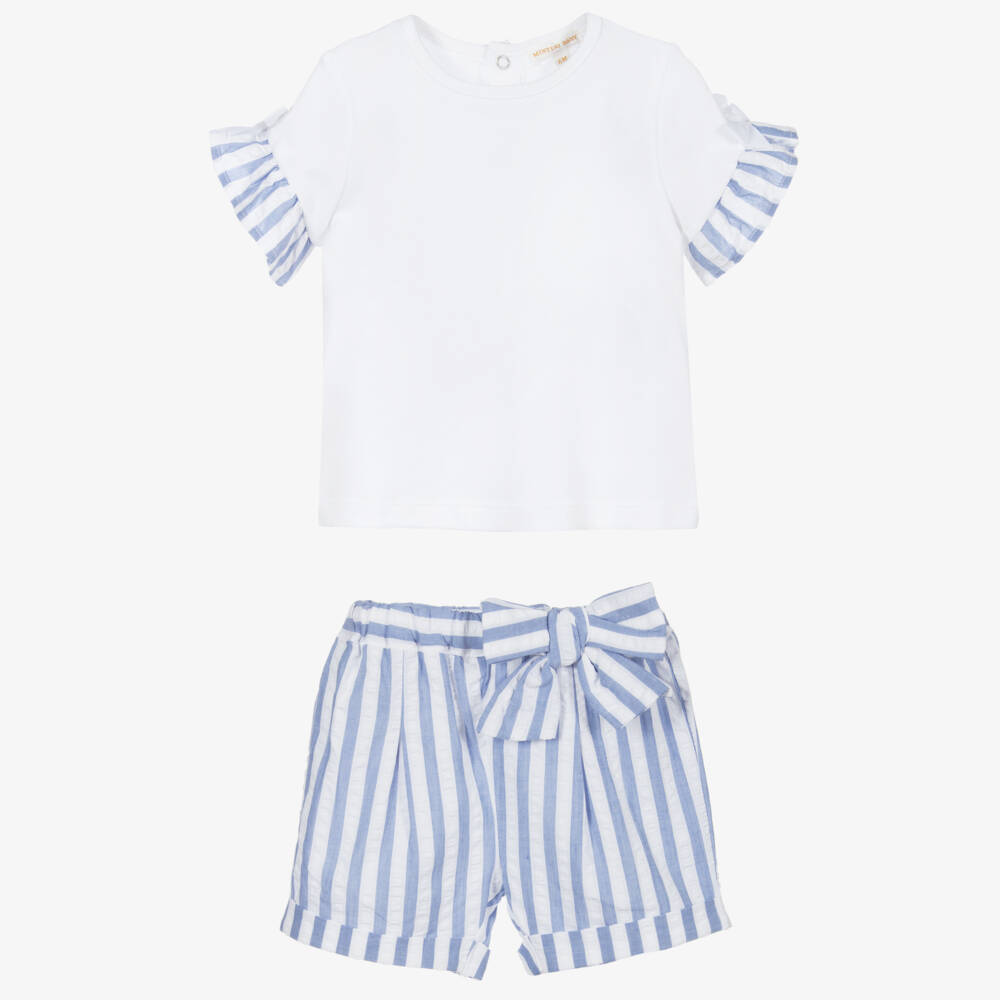 Mintini Baby-Blue & White Cotton Shorts Set | Childrensalon Outlet