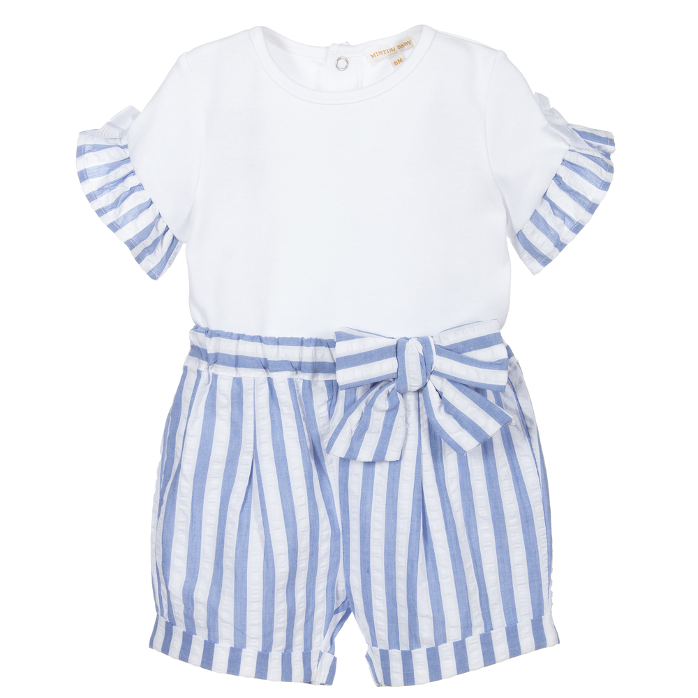 Mintini Baby - Blue & White Cotton Shorts Set | Childrensalon