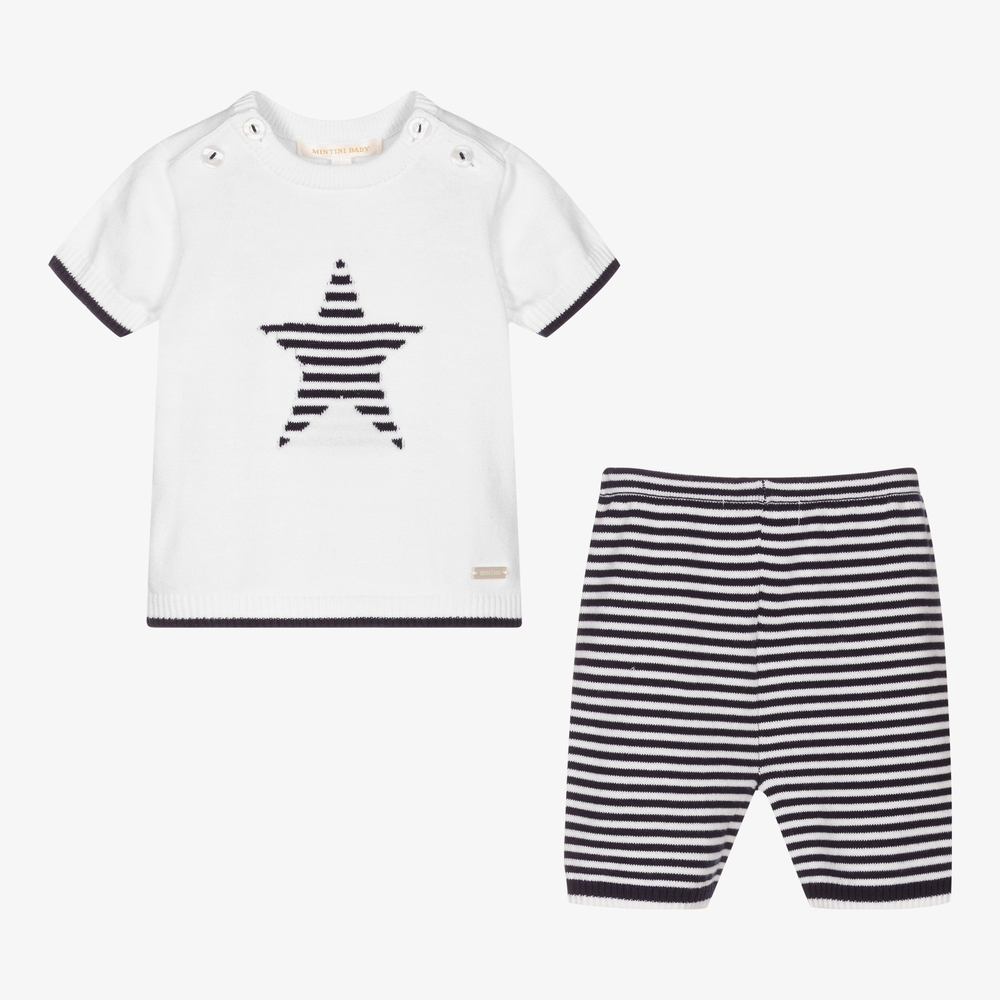 Mintini Baby-Blue & White Cotton Shorts Set | Childrensalon Outlet