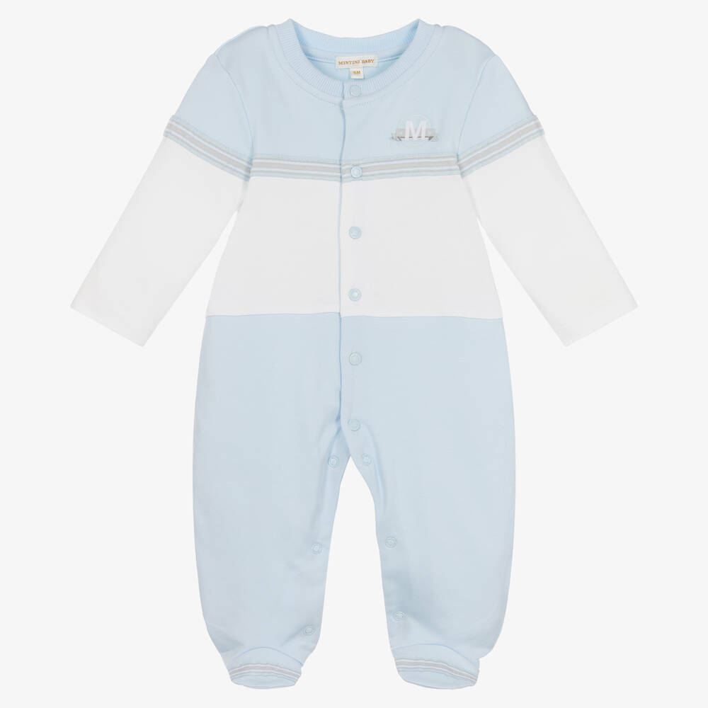 Mintini Baby - Boys Blue Cotton Jersey Babygrow | Childrensalon