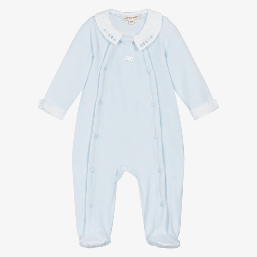 Mintini Baby-Boys Blue Velour Babygrow with Embroidered Collar | Childrensalon Outlet