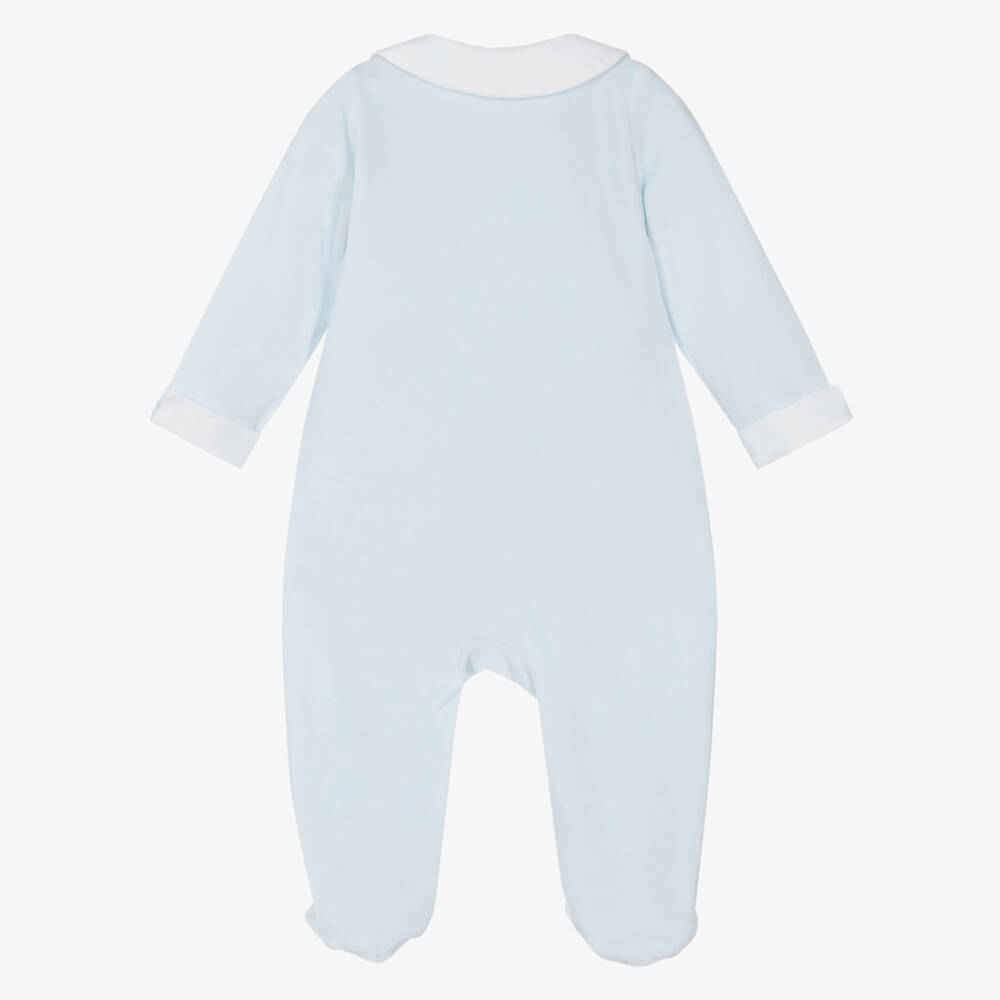 مينتيني بيبي-Boys Blue Velour Babygrow with Embroidered Collar | Childrensalon Outlet