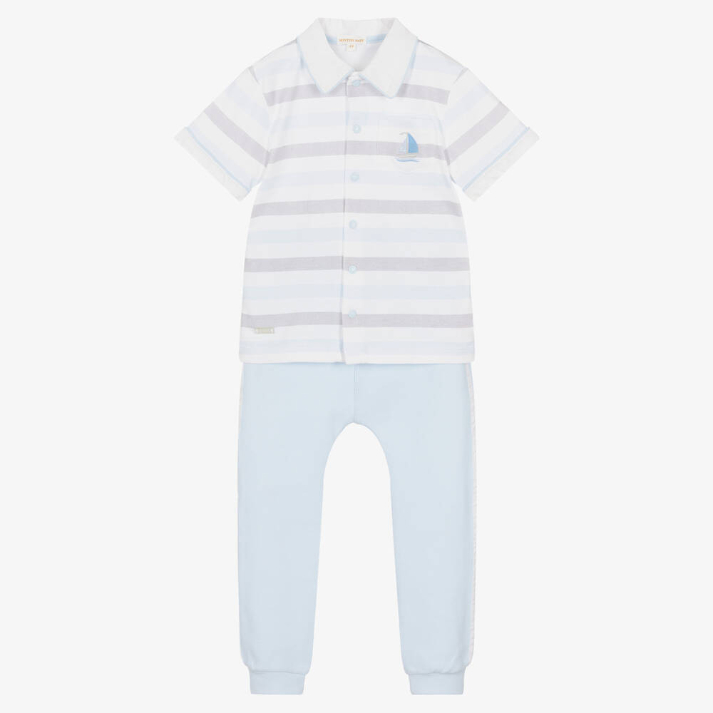 Mintini Baby - Boys Pale Blue Cotton Trouser Set | Childrensalon