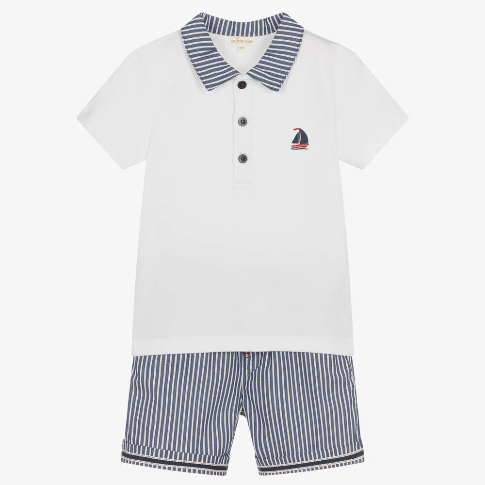 Mintini Baby - Boys White & Blue Cotton Shorts Set | Childrensalon