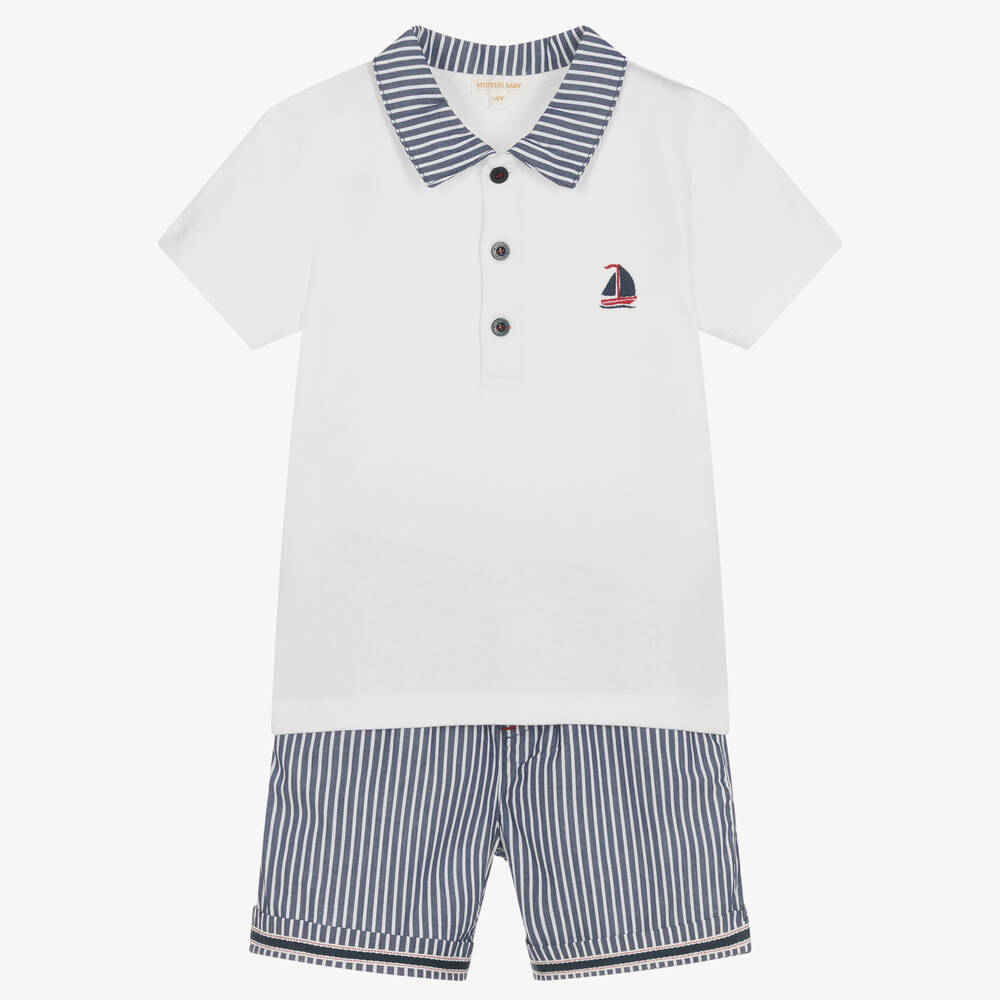 Mintini Baby-Boys White & Blue Cotton Shorts Set | Childrensalon Outlet