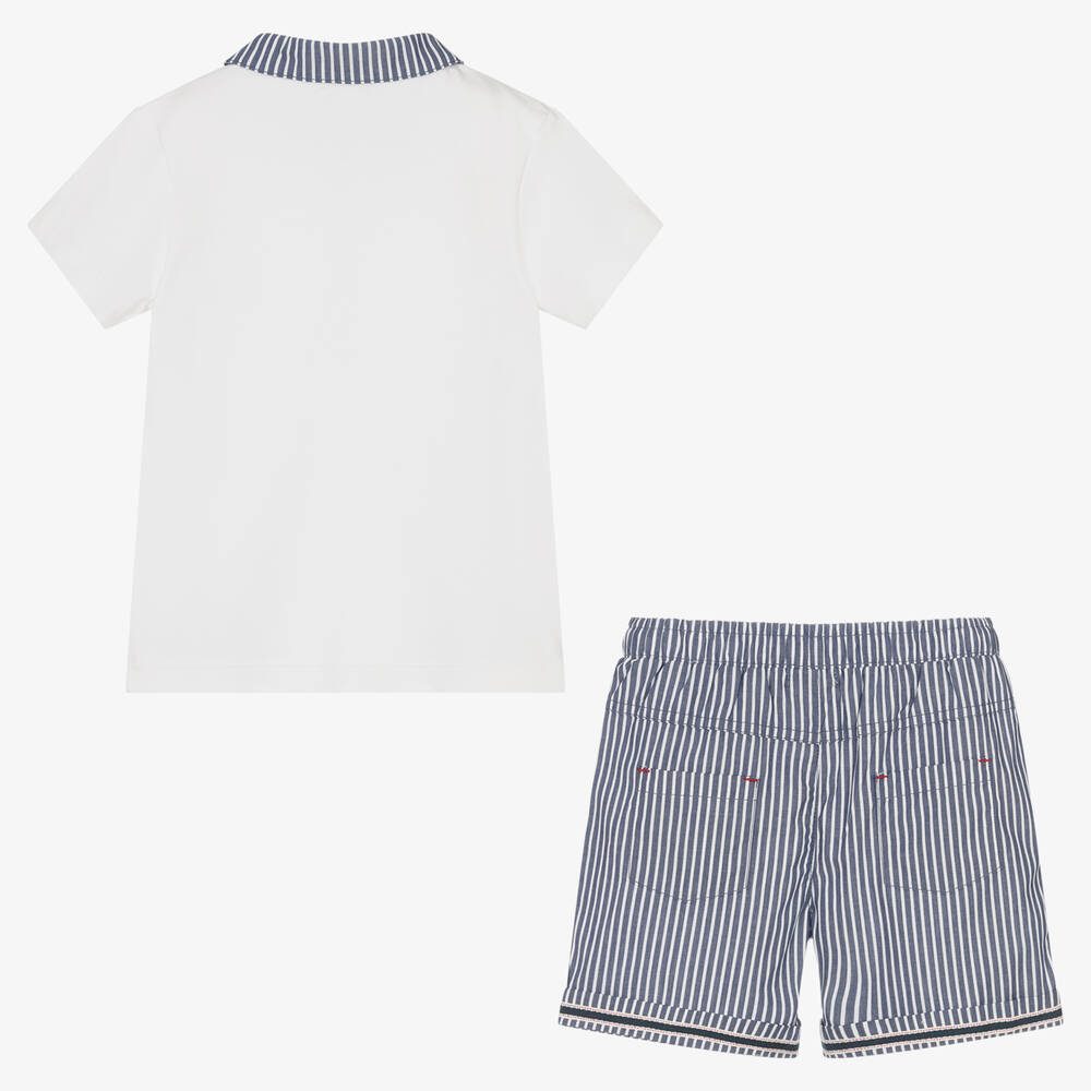 Mintini Baby-Boys White & Blue Cotton Shorts Set | Childrensalon Outlet