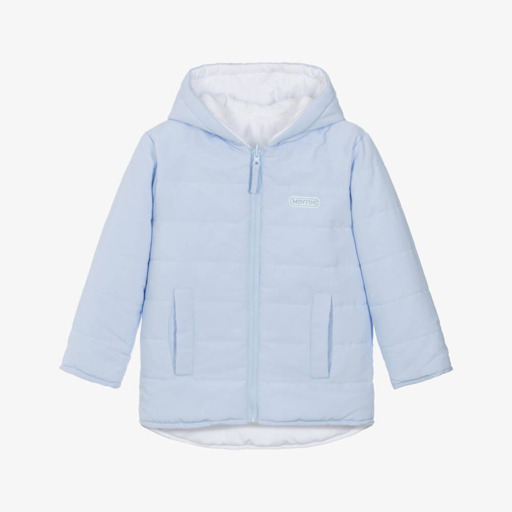 Mintini Baby-Boys White & Blue Reversible Hooded Puffer Jacket | Childrensalon Outlet