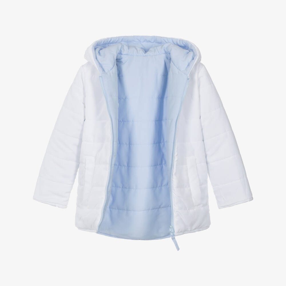 Mintini Baby-Boys White & Blue Reversible Hooded Puffer Jacket | Childrensalon Outlet