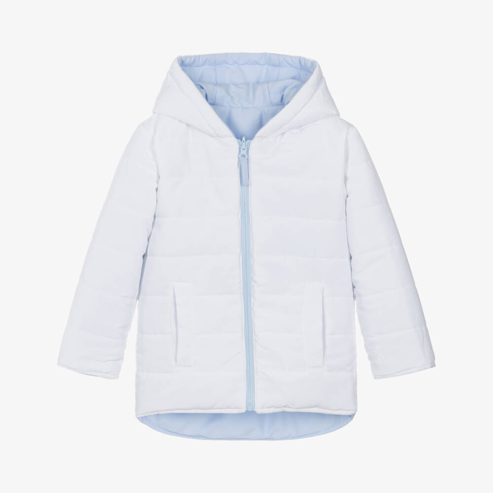 Mintini Baby-Boys White & Blue Reversible Hooded Puffer Jacket | Childrensalon Outlet