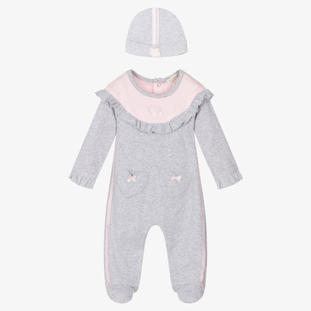 Mintini Baby - Girls Grey Cotton Babygrow Set | Childrensalon