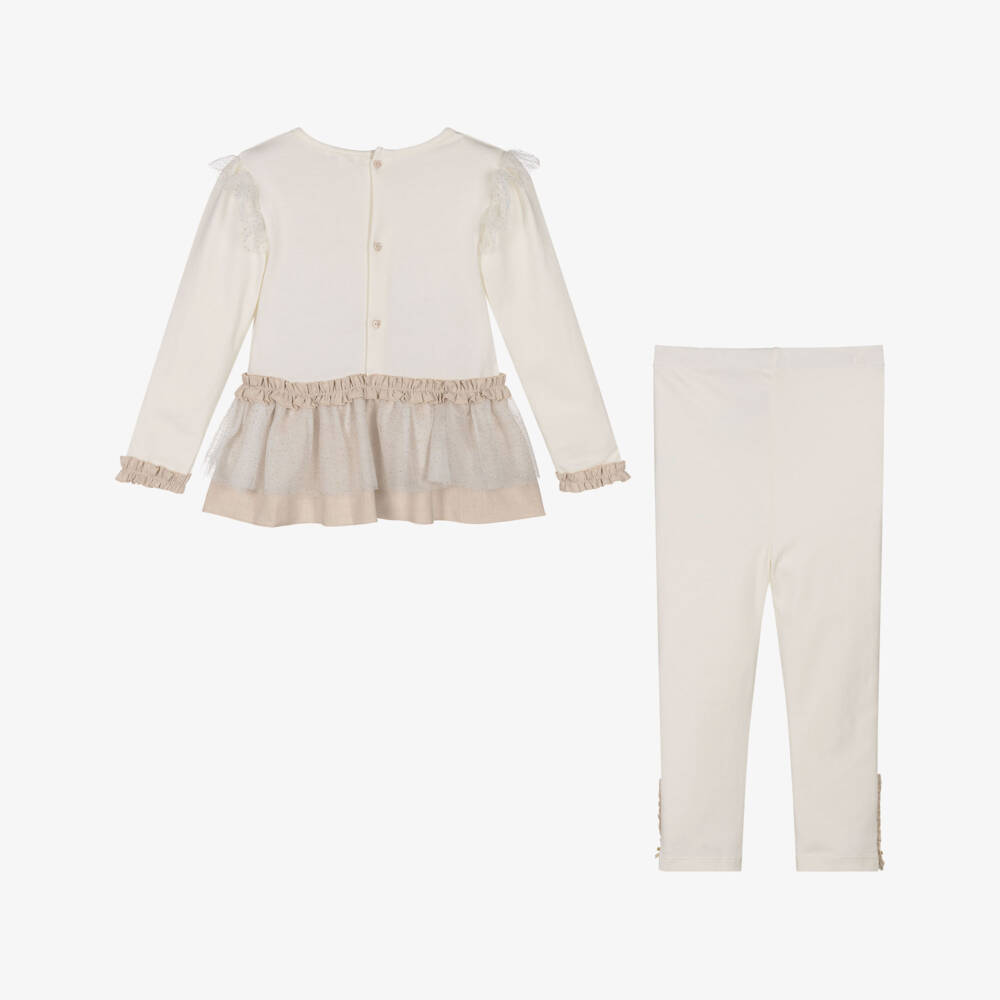Mintini Baby-Girls Ivory Cotton Jersey Leggings Set with Appliqué Hearts | Childrensalon Outlet