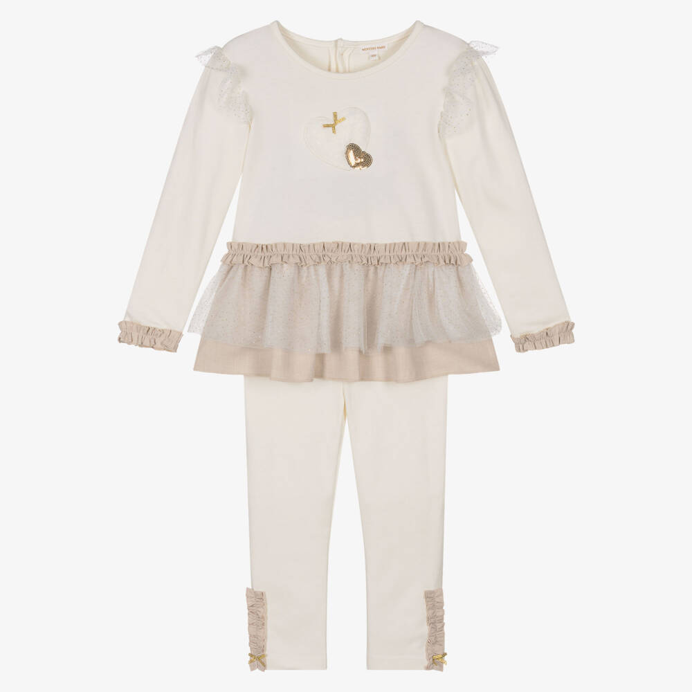 Mintini Baby-Girls Ivory Cotton Jersey Leggings Set with Appliqué Hearts | Childrensalon Outlet