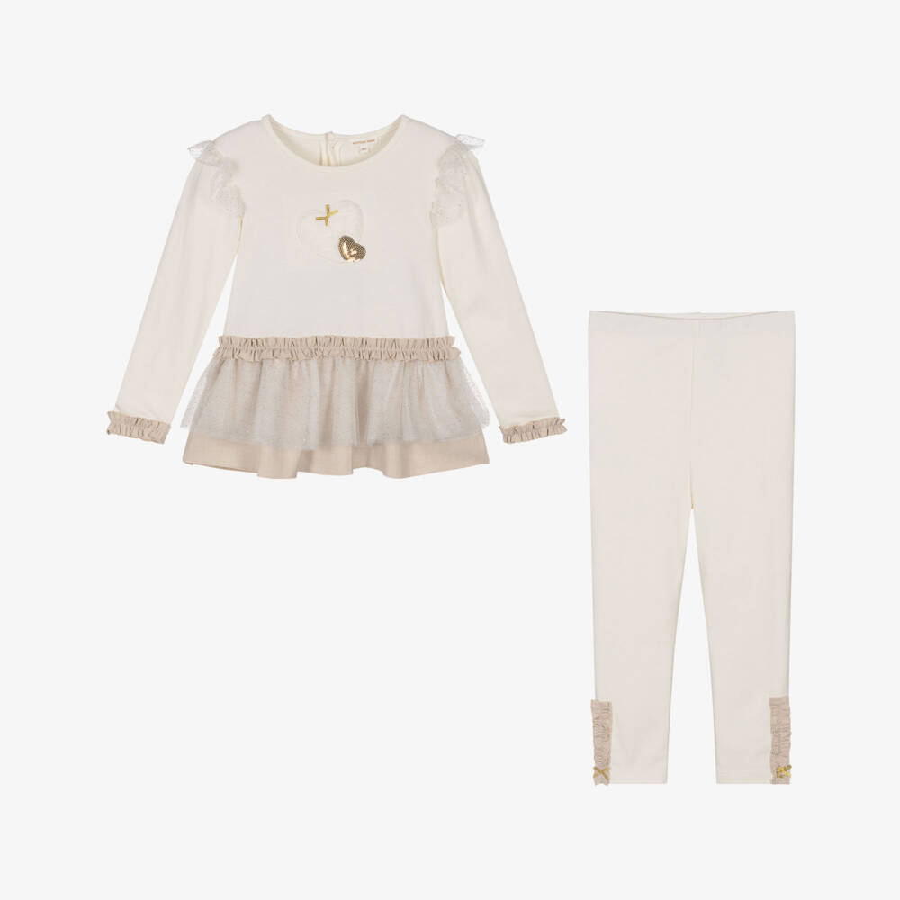 Mintini Baby-Girls Ivory Cotton Jersey Leggings Set with Appliqué Hearts | Childrensalon Outlet