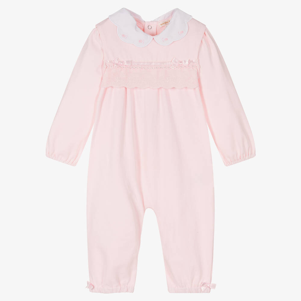 Mintini Baby - Girls Pink Cotton Dungaree Set | Childrensalon