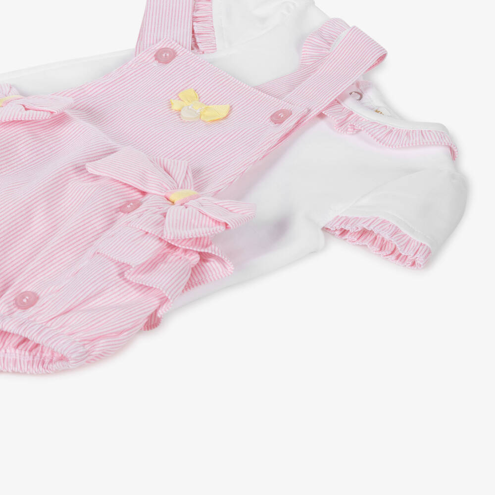 Mintini Baby-Girls Pink Cotton Dungaree Shorts Set | Childrensalon Outlet