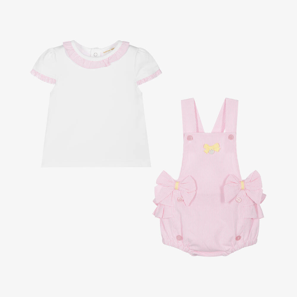 Mintini Baby-Girls Pink Cotton Dungaree Shorts Set | Childrensalon Outlet