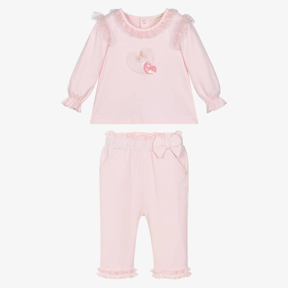 Mintini Baby-Girls Pink Cotton Jersey Trouser Set with Glitter Tulle Trim | Childrensalon Outlet