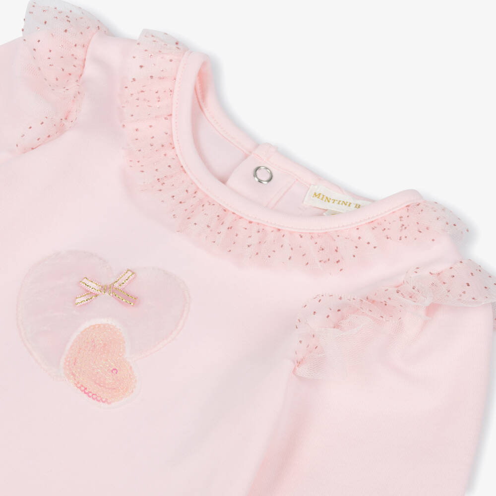 Mintini Baby-Girls Pink Cotton Jersey Trouser Set with Glitter Tulle Trim | Childrensalon Outlet