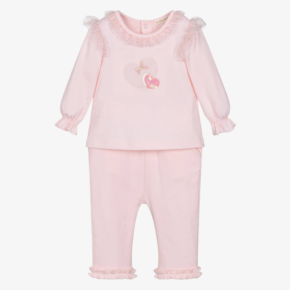 Mintini Baby-Girls Pink Cotton Jersey Trouser Set with Glitter Tulle Trim | Childrensalon Outlet