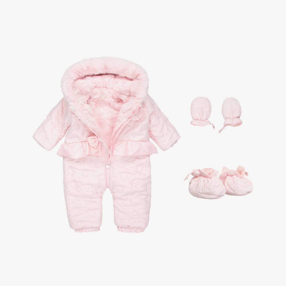 Mintini Baby-Girls Pink Quilted Heart Snowsuit with Faux Fur Trim  | Childrensalon Outlet