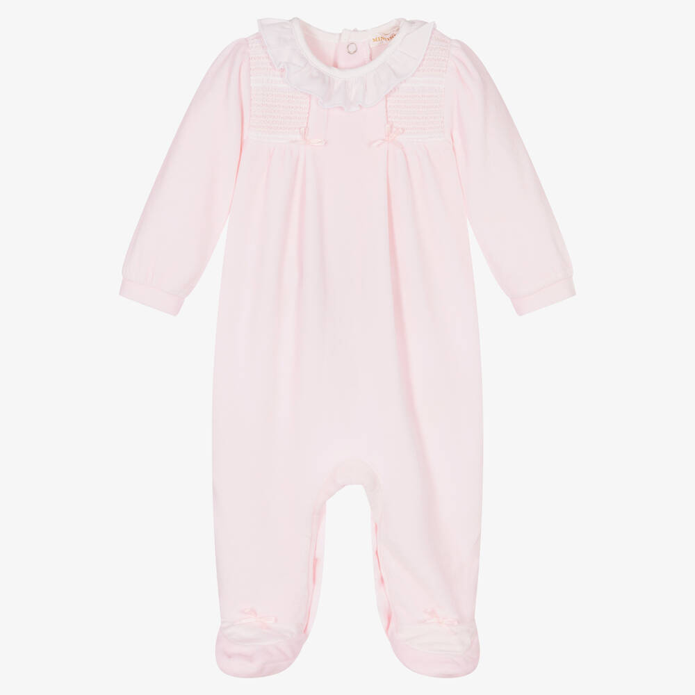 Mintini Baby - Girls Pink Velour Babygrow | Childrensalon