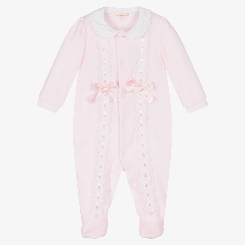 Mintini Baby - Girls Pink Velour Babygrow | Childrensalon