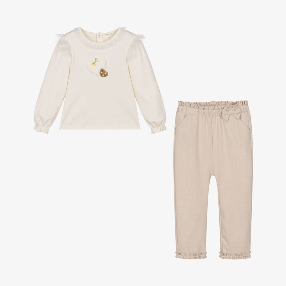 Mintini Baby-Girls Shimmery Ivory & Beige Trouser Set with Appliqué Hearts | Childrensalon Outlet