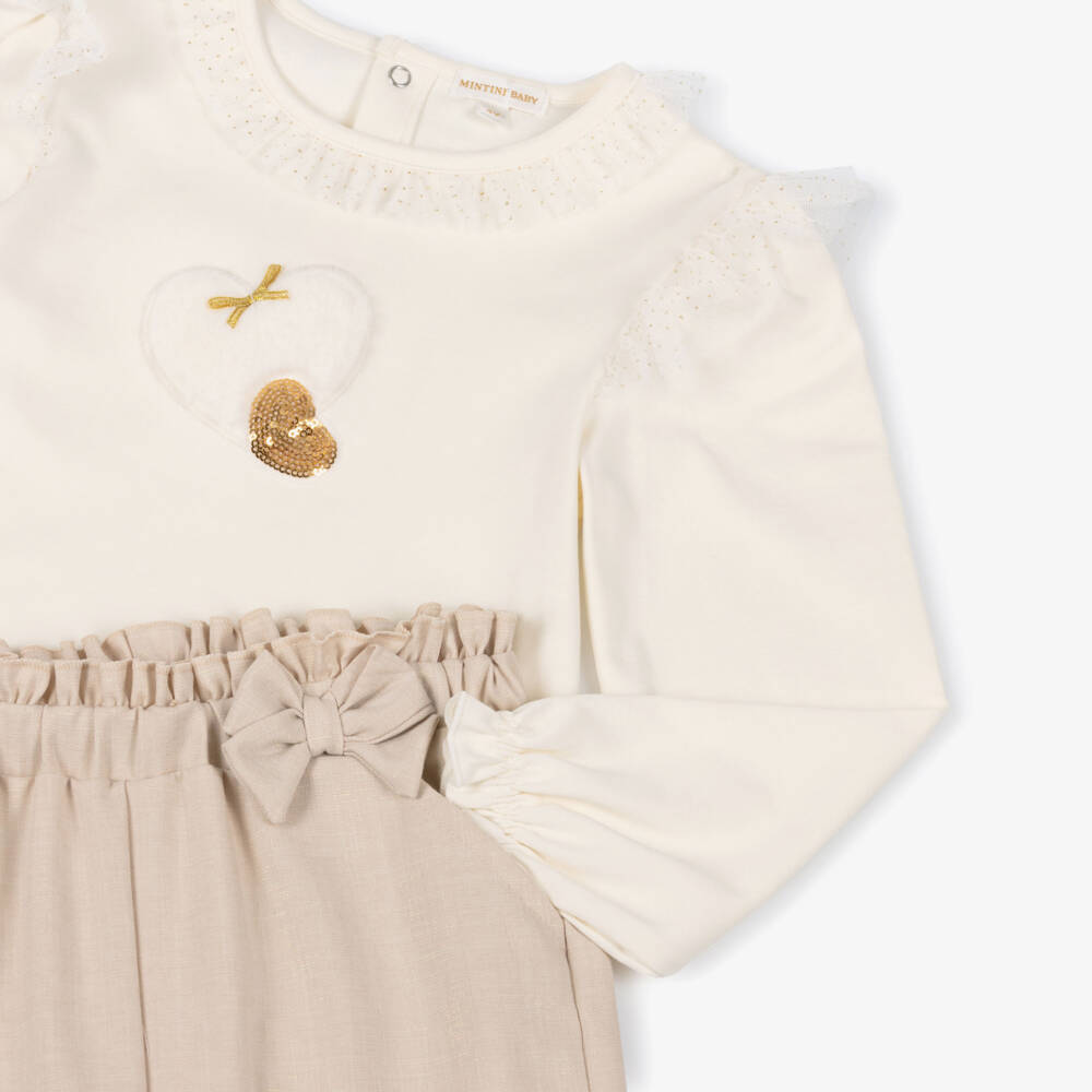 Mintini Baby-Girls Shimmery Ivory & Beige Trouser Set with Appliqué Hearts | Childrensalon Outlet