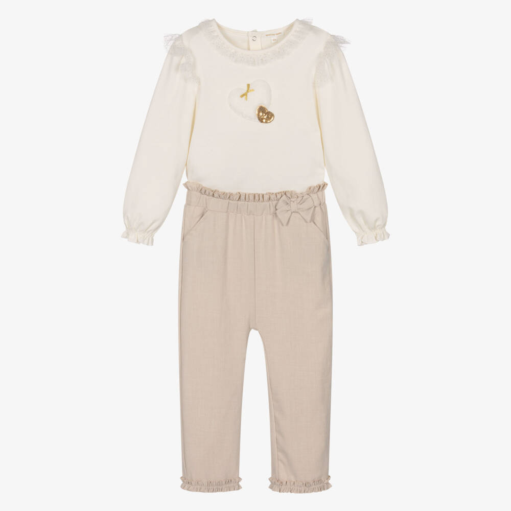 Mintini Baby-Girls Shimmery Ivory & Beige Trouser Set with Appliqué Hearts | Childrensalon Outlet