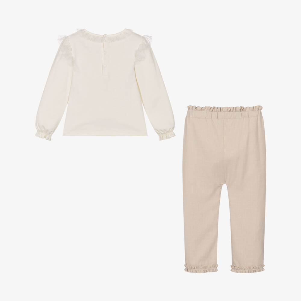 Mintini Baby-Girls Shimmery Ivory & Beige Trouser Set with Appliqué Hearts | Childrensalon Outlet