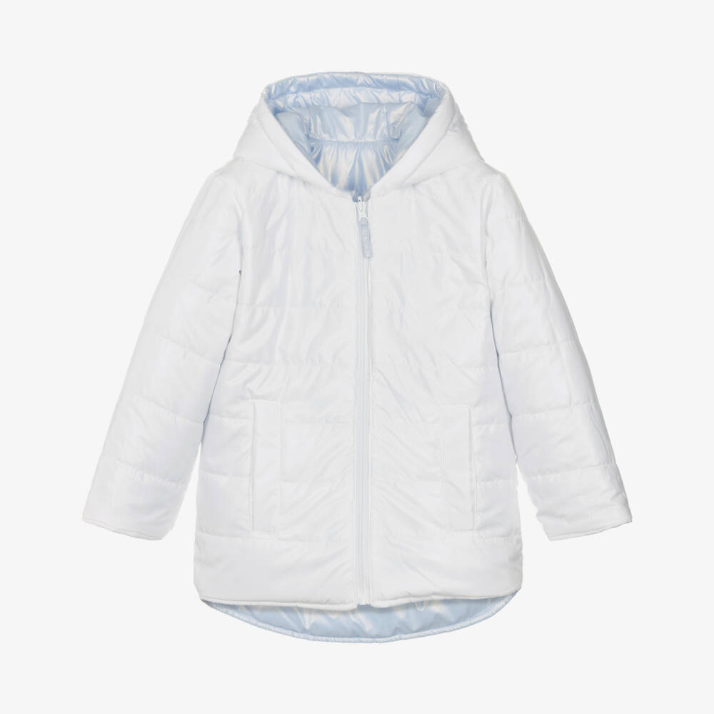 Mintini Baby-Girls White & Blue Hooded Puffer Jacket | Childrensalon Outlet