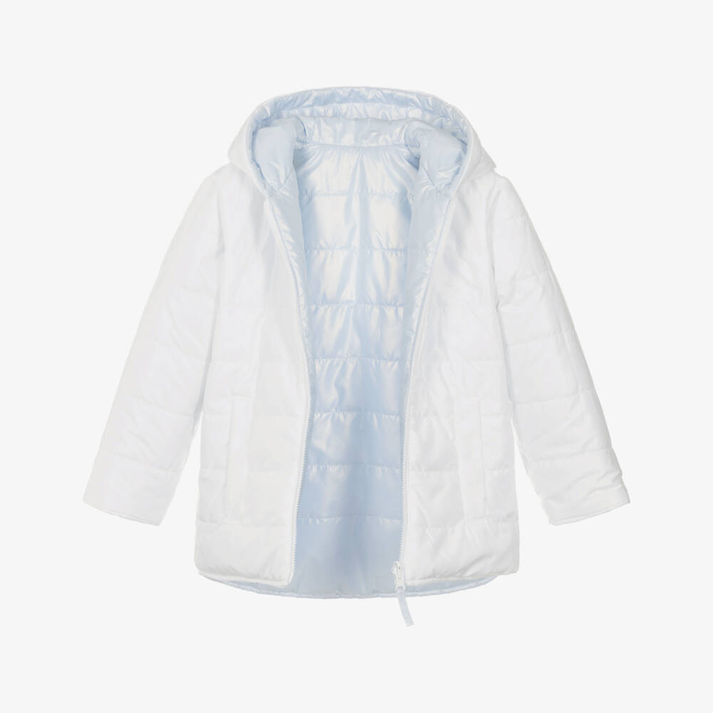 Mintini Baby-Girls White & Blue Hooded Puffer Jacket | Childrensalon Outlet