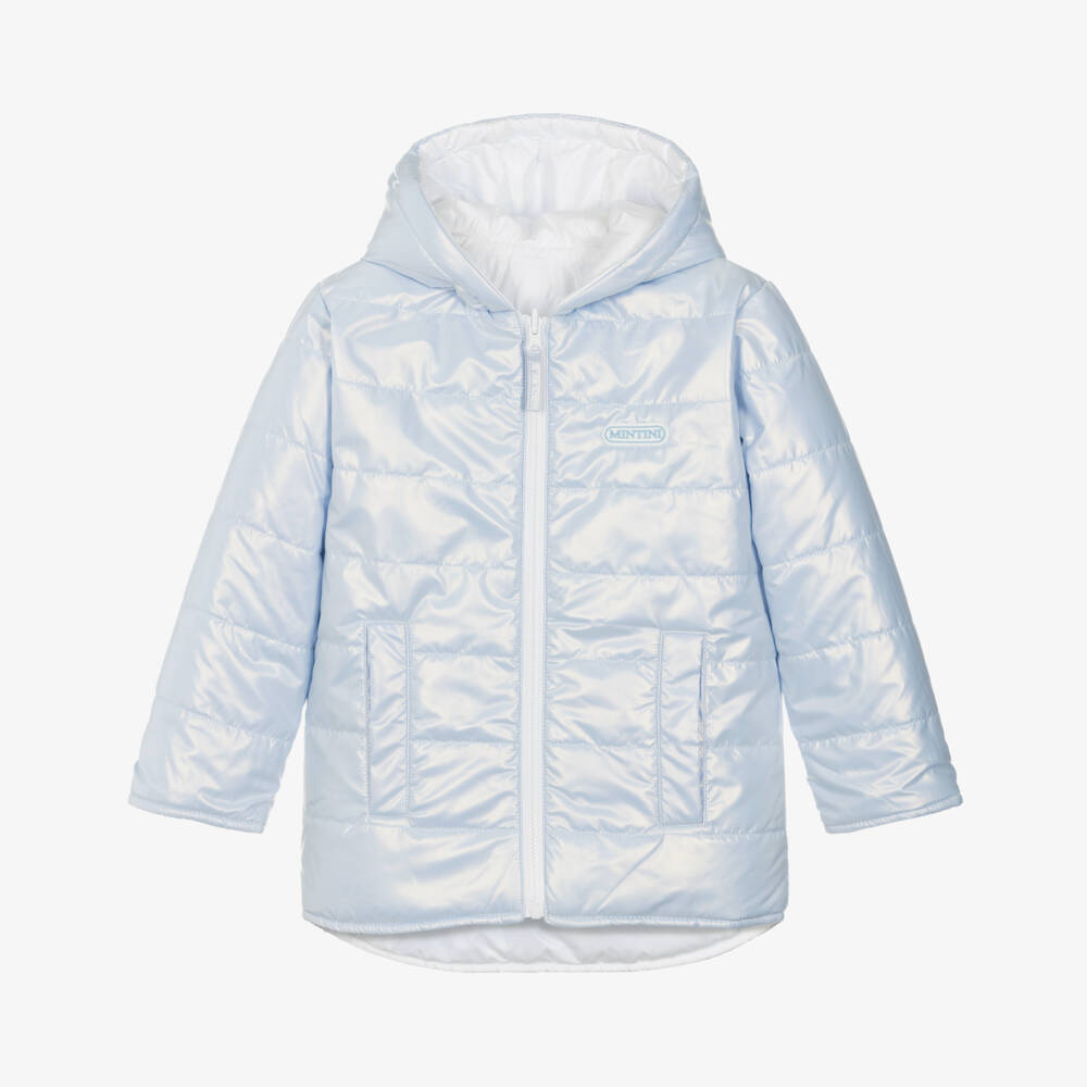 Mintini Baby-Girls White & Blue Hooded Puffer Jacket | Childrensalon Outlet
