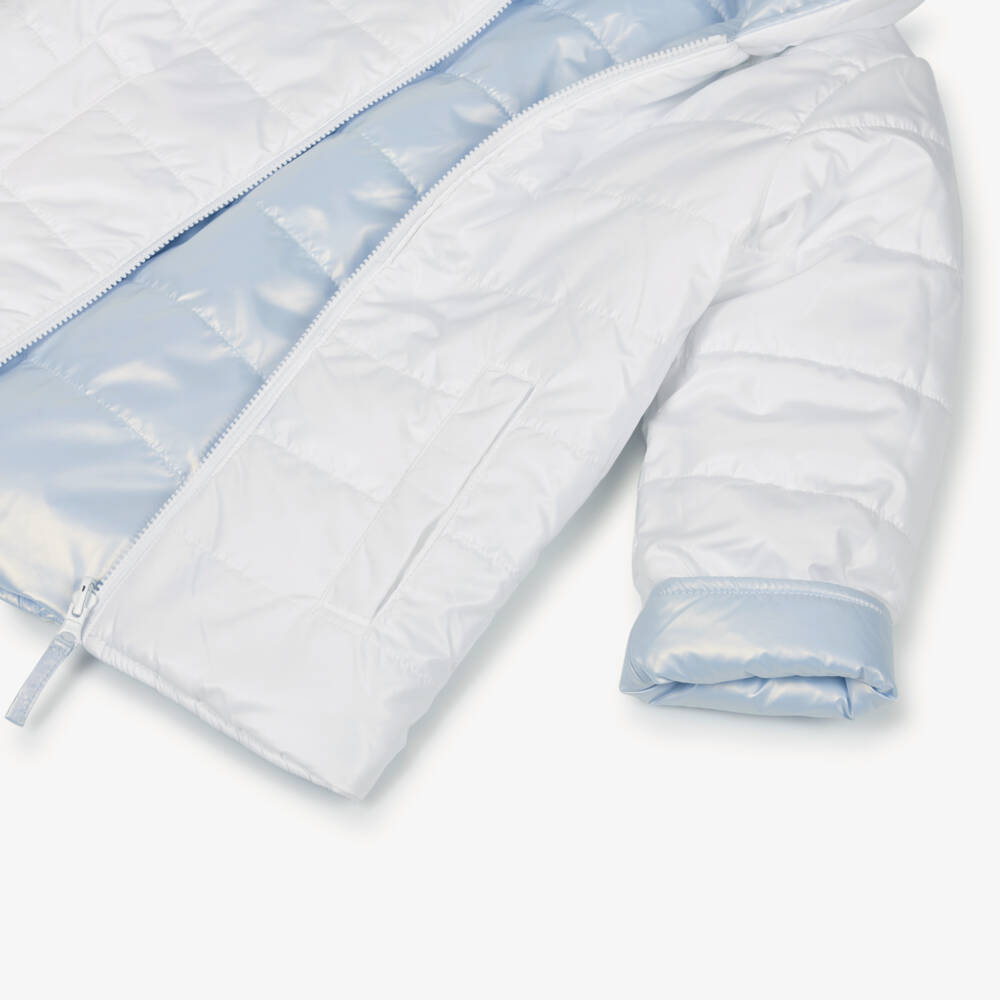 Mintini Baby-Girls White & Blue Hooded Puffer Jacket | Childrensalon Outlet