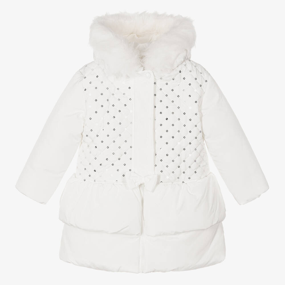 Mintini Baby - Girls White Padded Hooded Coat | Childrensalon
