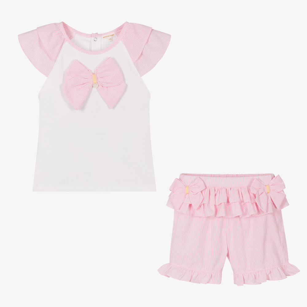 مينتيني بيبي-Girls White & Pink Cotton Shorts Set | Childrensalon Outlet