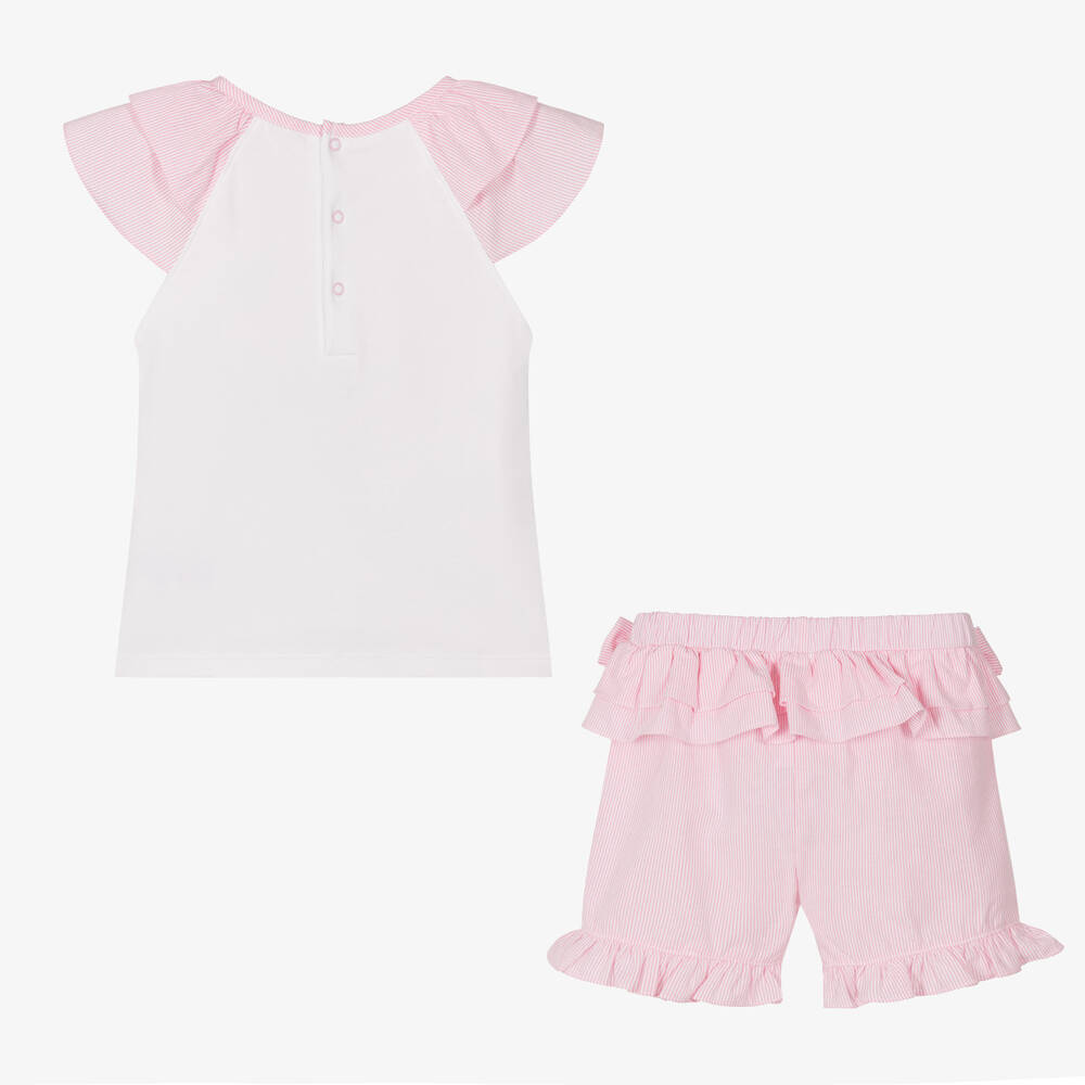 مينتيني بيبي-Girls White & Pink Cotton Shorts Set | Childrensalon Outlet