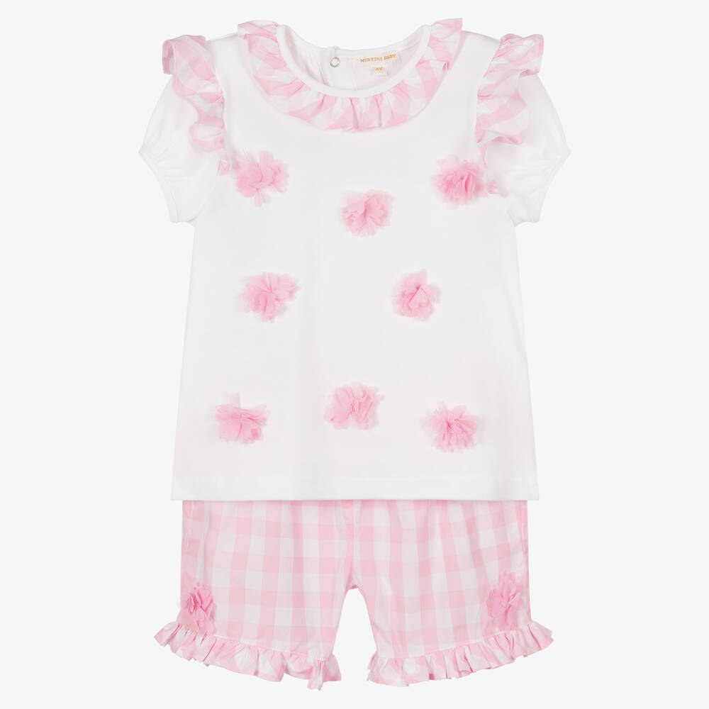 Mintini Baby - Girls White & Pink Shorts Set | Childrensalon
